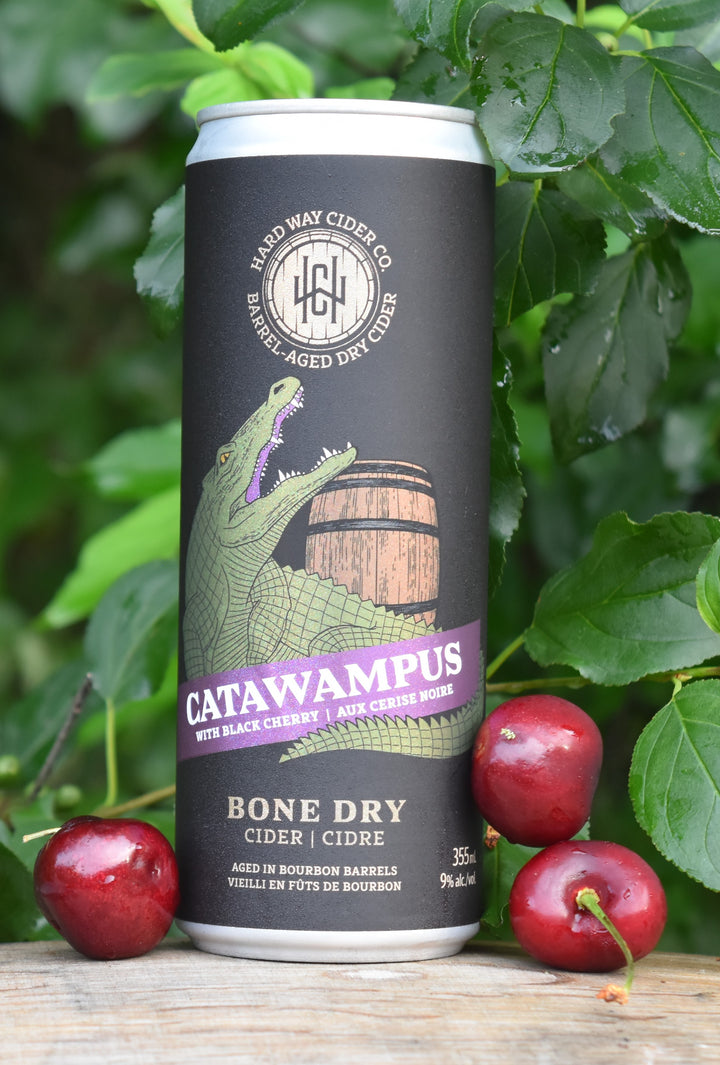 Can of bone-dry hard cider, aged in bourbon barrels with black cherry.