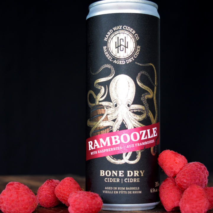 Can of Caribbean barrel-aged hard cider, made with 10% raspberry juice.